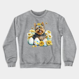 Cute Yorkshire Terrier Happy Easter Eggs Sunflowers Crewneck Sweatshirt